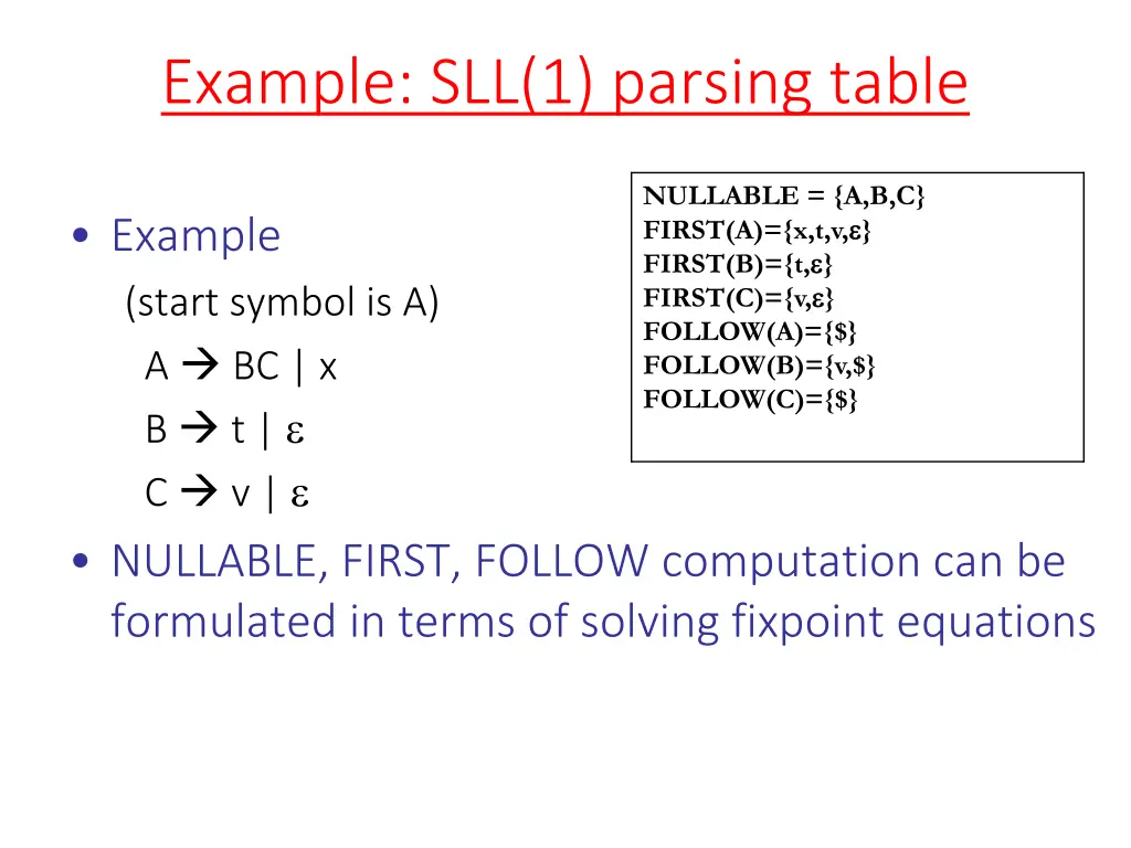 example sll 1 parsing table