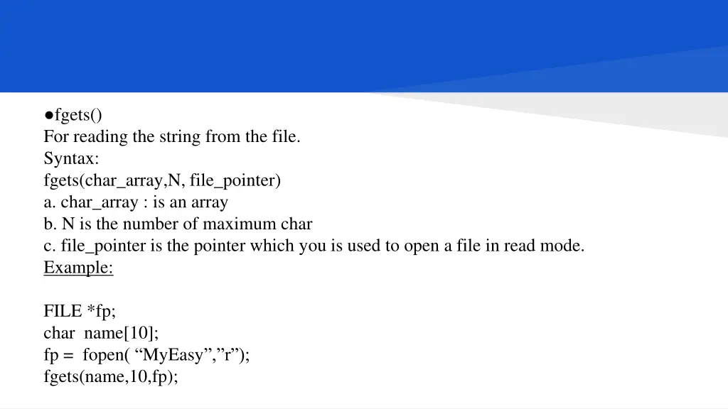 fgets for reading the string from the file syntax
