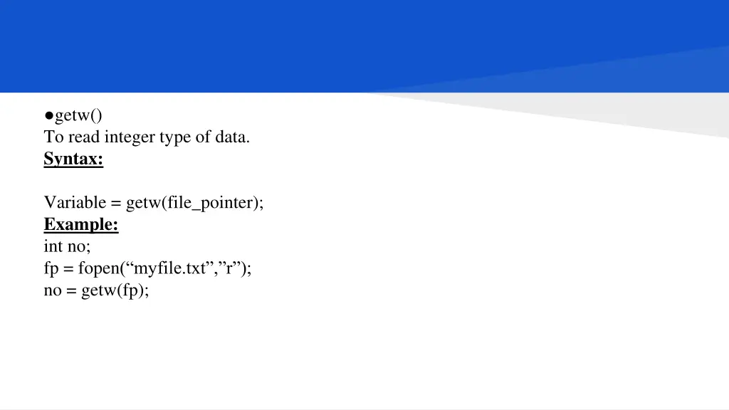 getw to read integer type of data syntax