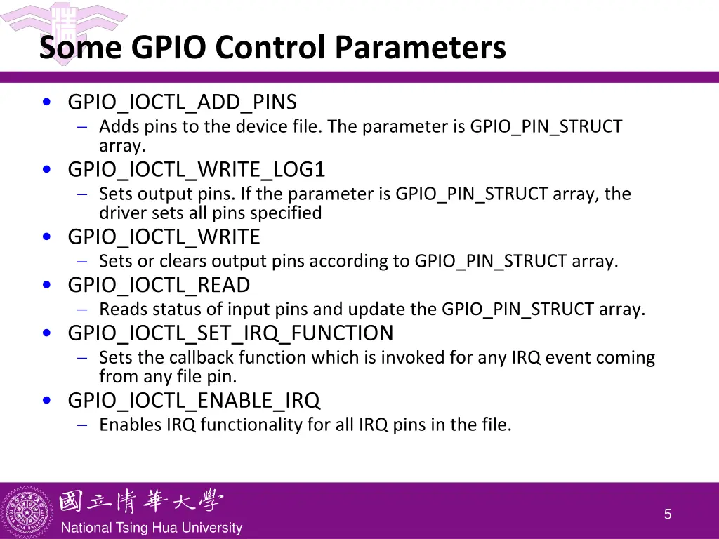 some gpio control parameters