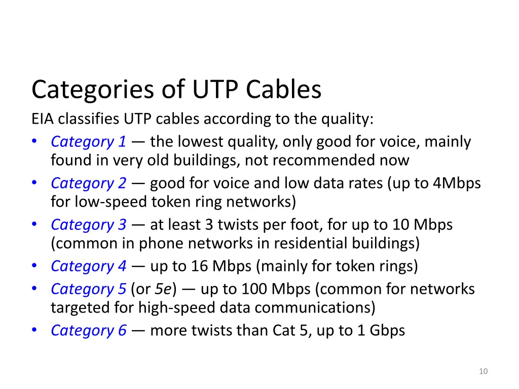 categories of utp cables eia classifies