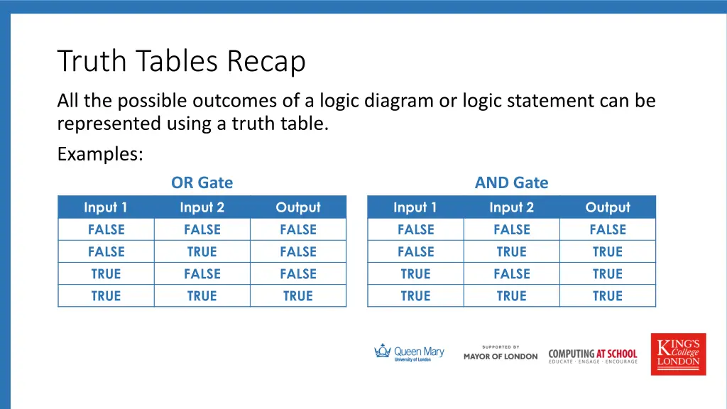 truth tables recap
