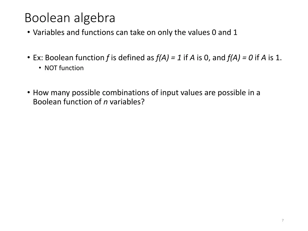 boolean algebra variables and functions can take