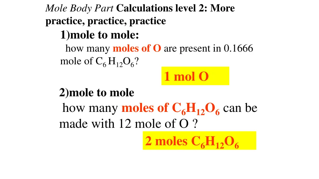 mole body part calculations level 2 more practice