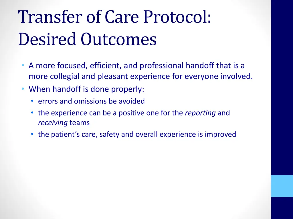 transfer of care protocol desired outcomes
