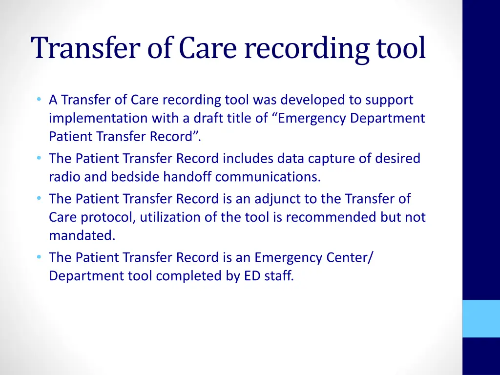 transfer of care recording tool