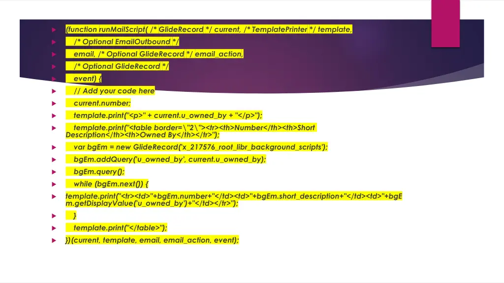 function runmailscript gliderecord current