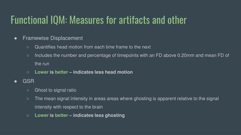functional iqm measures for artifacts and other