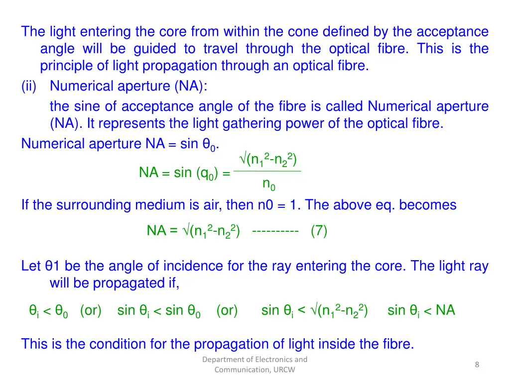 the light entering the core from within the cone
