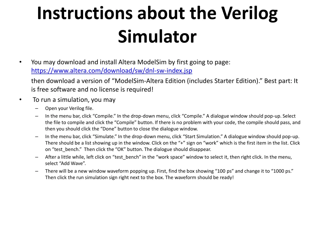 instructions about the verilog simulator