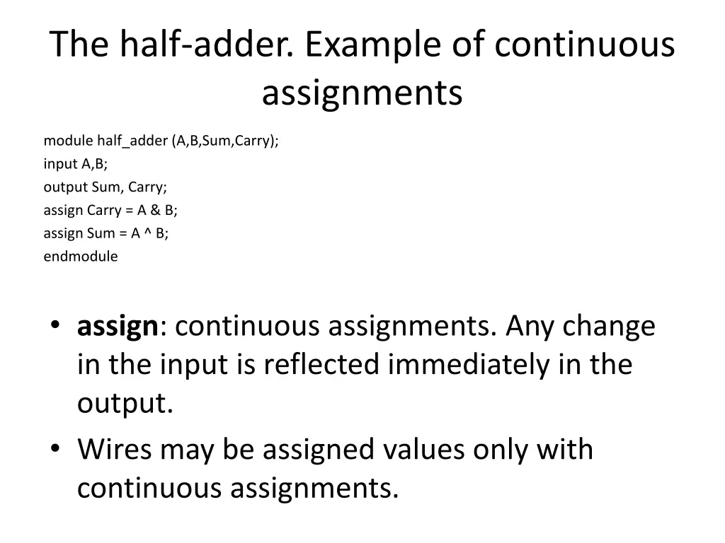 the half adder example of continuous assignments