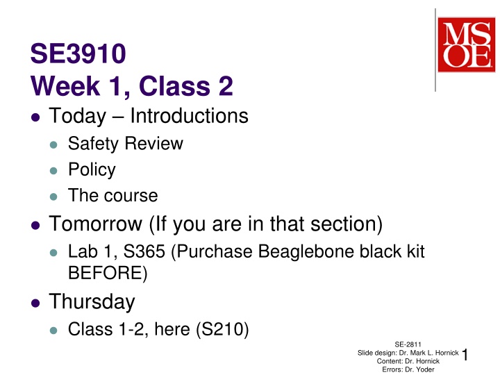 se3910 week 1 class 2 today introductions safety