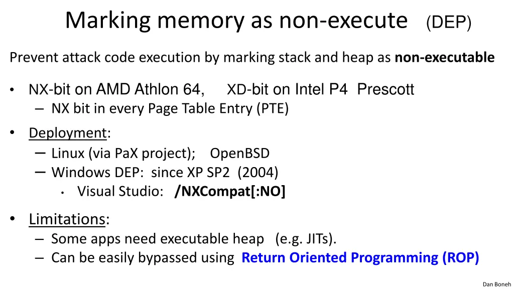 marking memory as non execute dep
