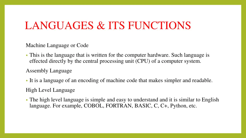languages its functions