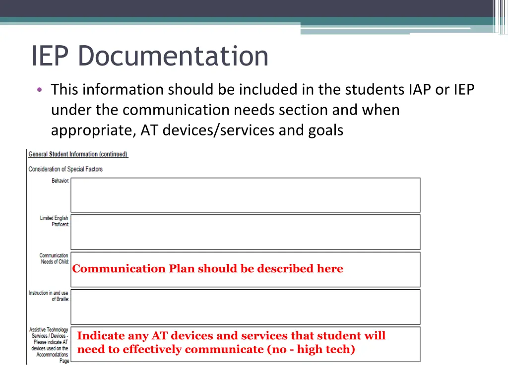 iep documentation this information should