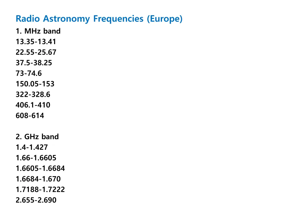 radio astronomy frequencies europe 1 mhz band