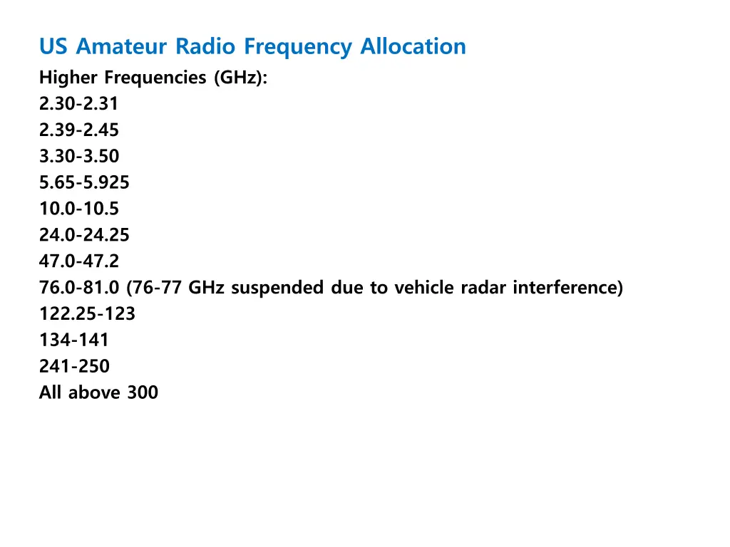 us amateur radio frequency allocation higher