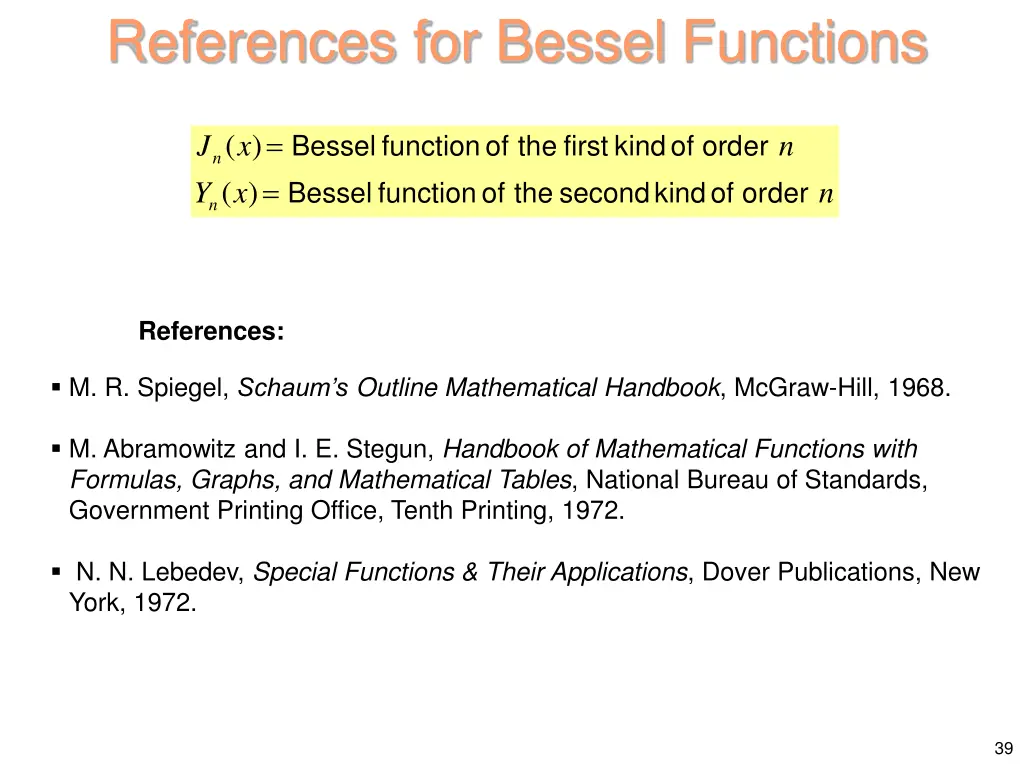 references for bessel functions