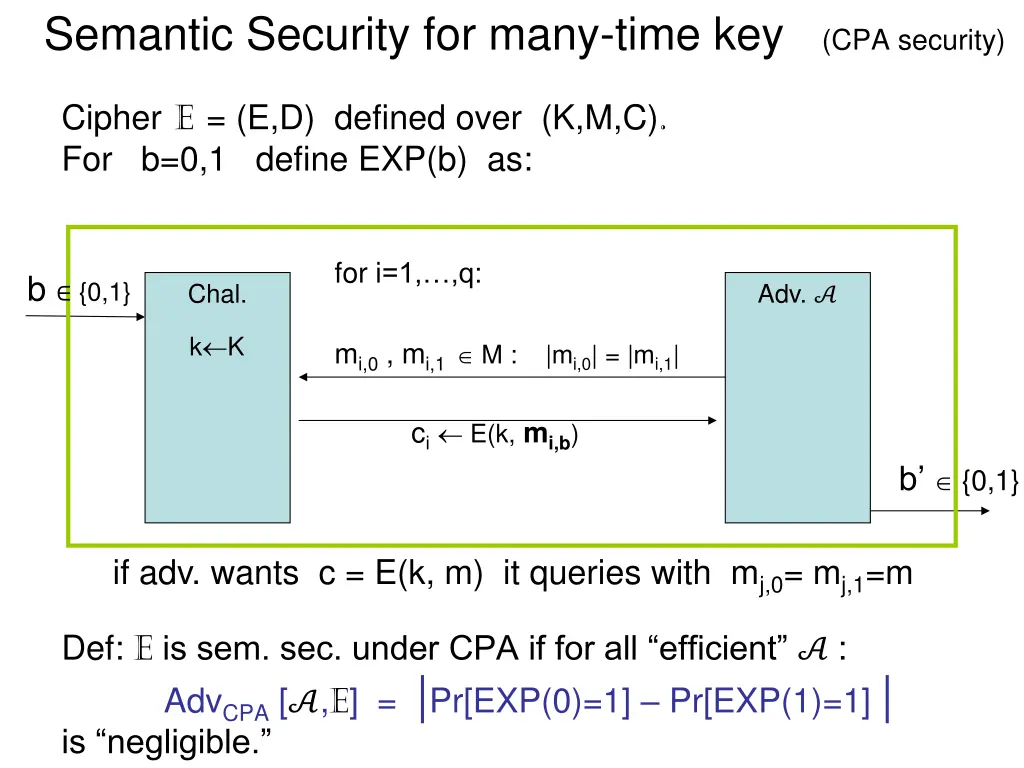 semantic security for many time key cpa security