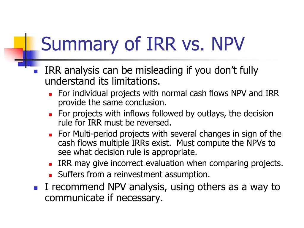 summary of irr vs npv