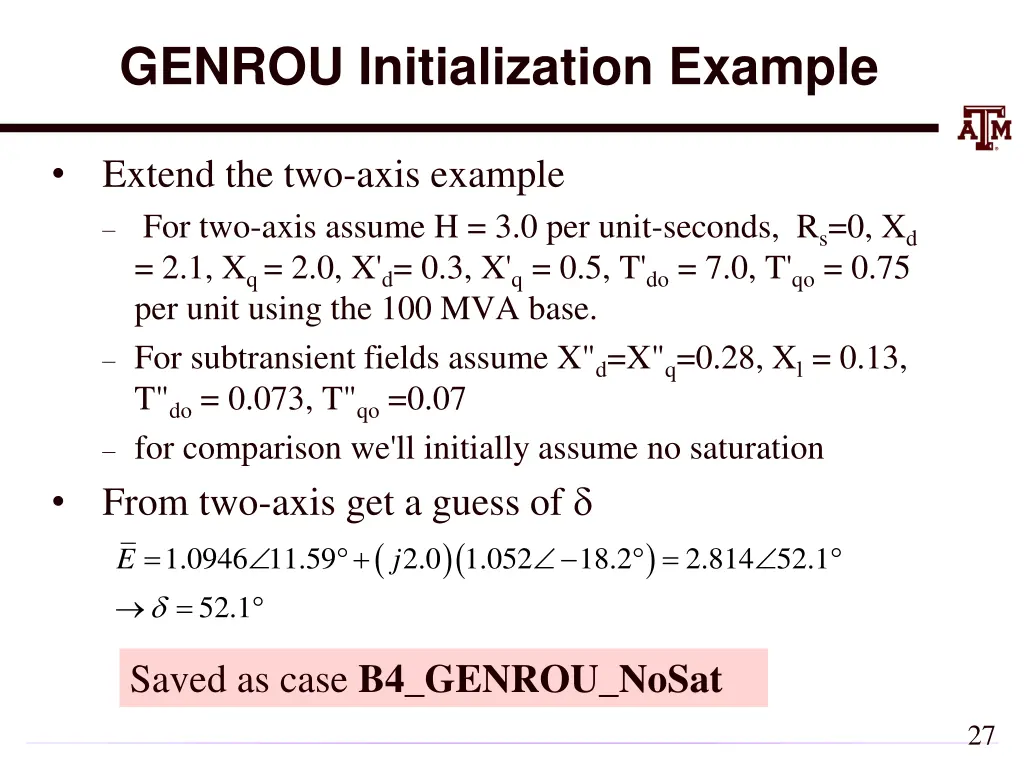 genrou initialization example