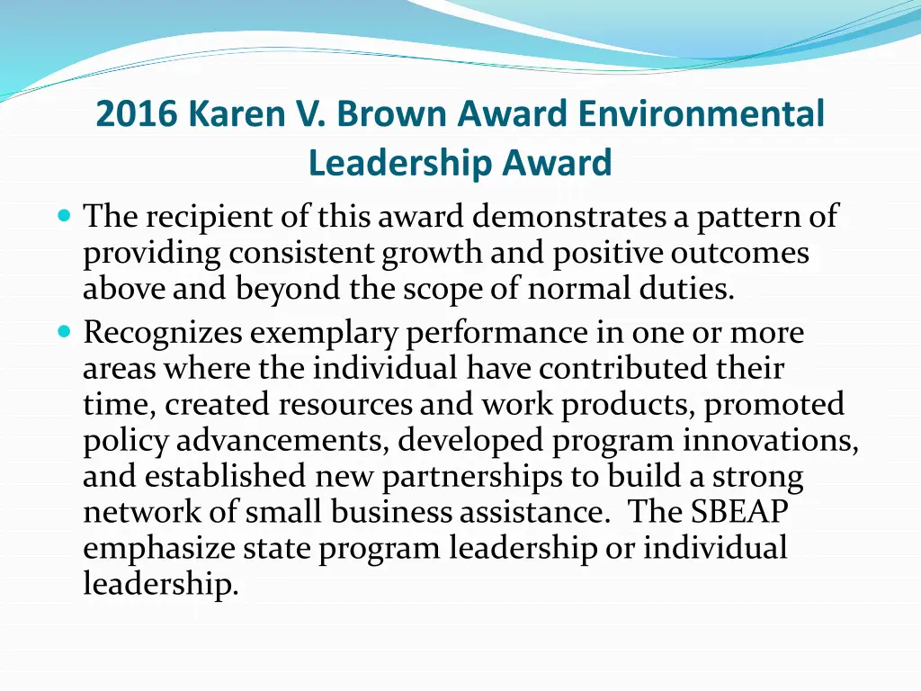 2016 karen v brown award environmental leadership