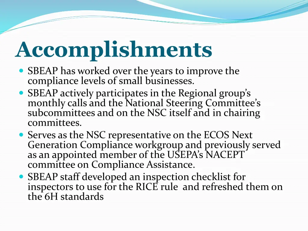 accomplishments sbeap has worked over the years