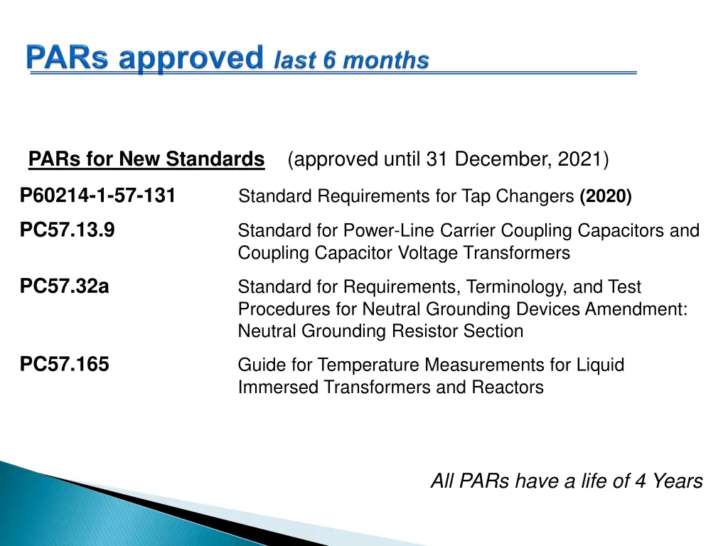 pars for new standards approved until 31 december