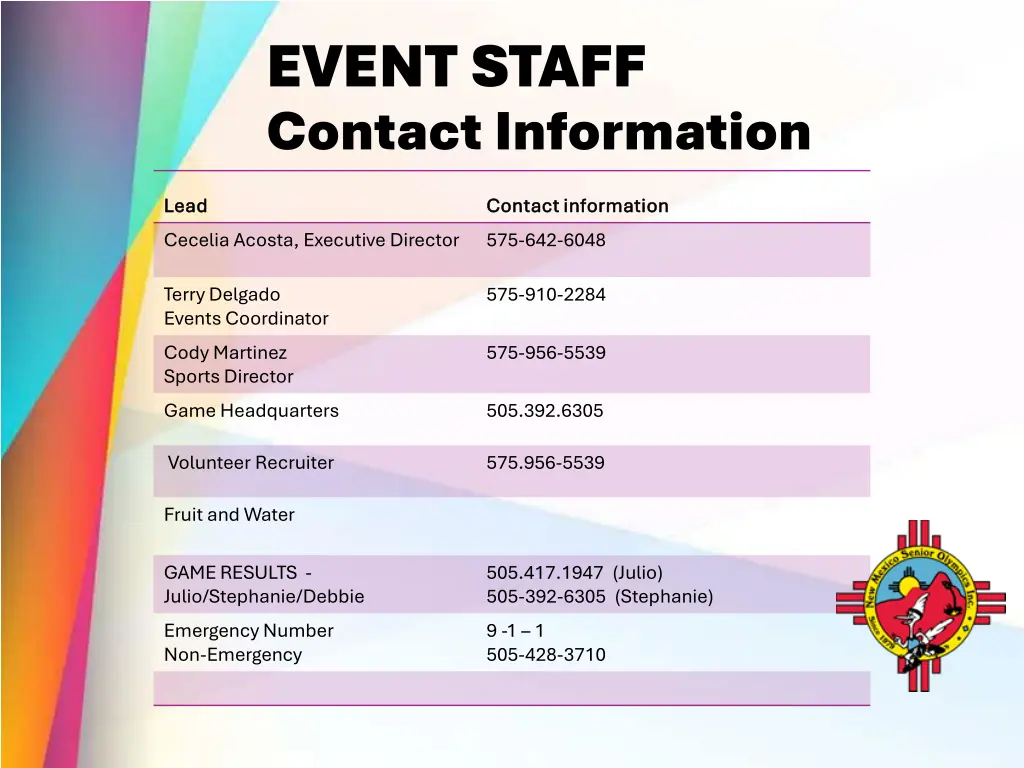 event staff contact information