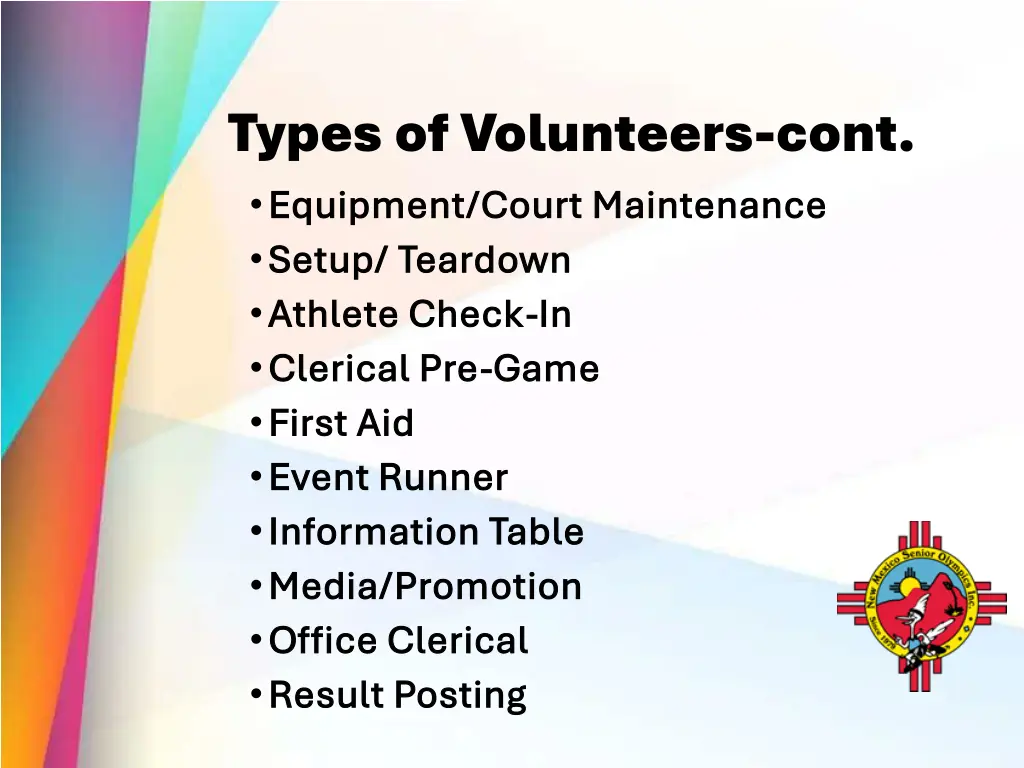 types of volunteers cont equipment court
