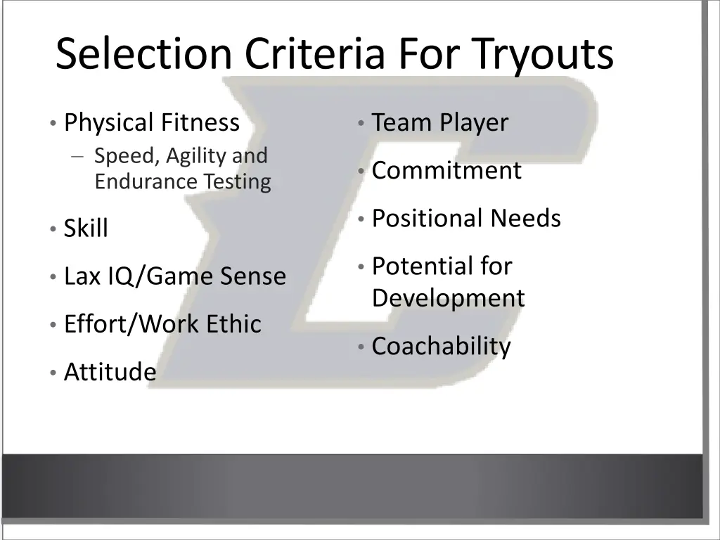 selection criteria for tryouts