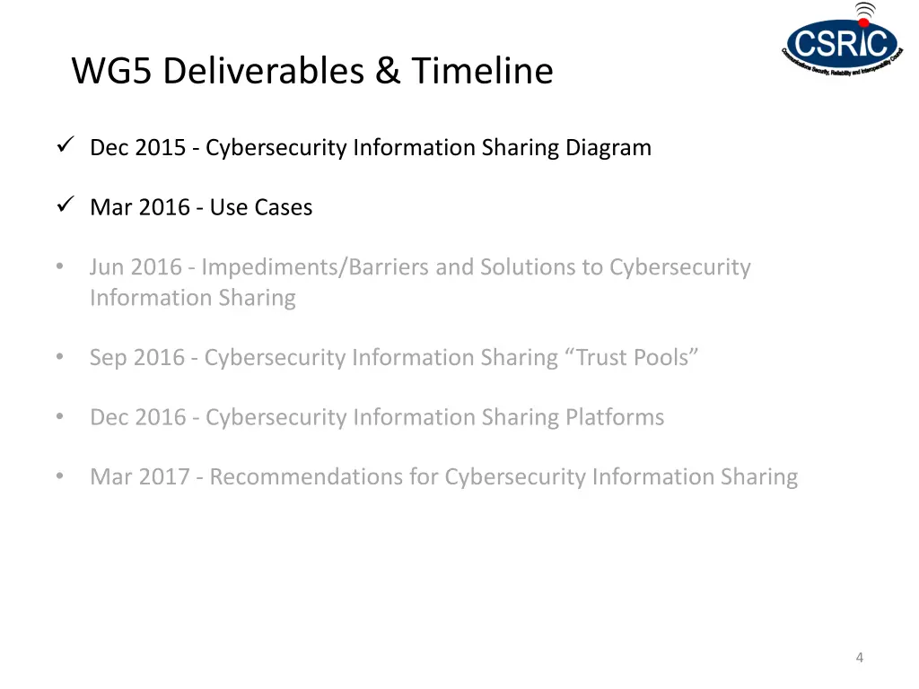 wg5 deliverables timeline