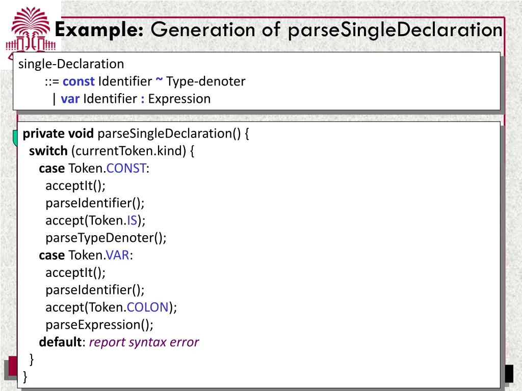 example generation of parsesingledeclaration
