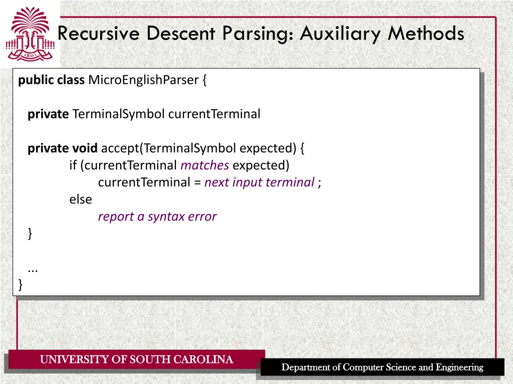 recursive descent parsing auxiliary methods