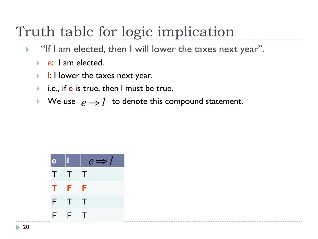 truth table for logic implication if i am elected
