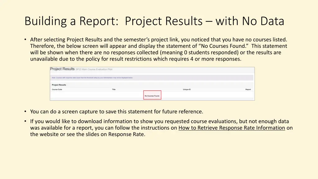 building a report project results with no data