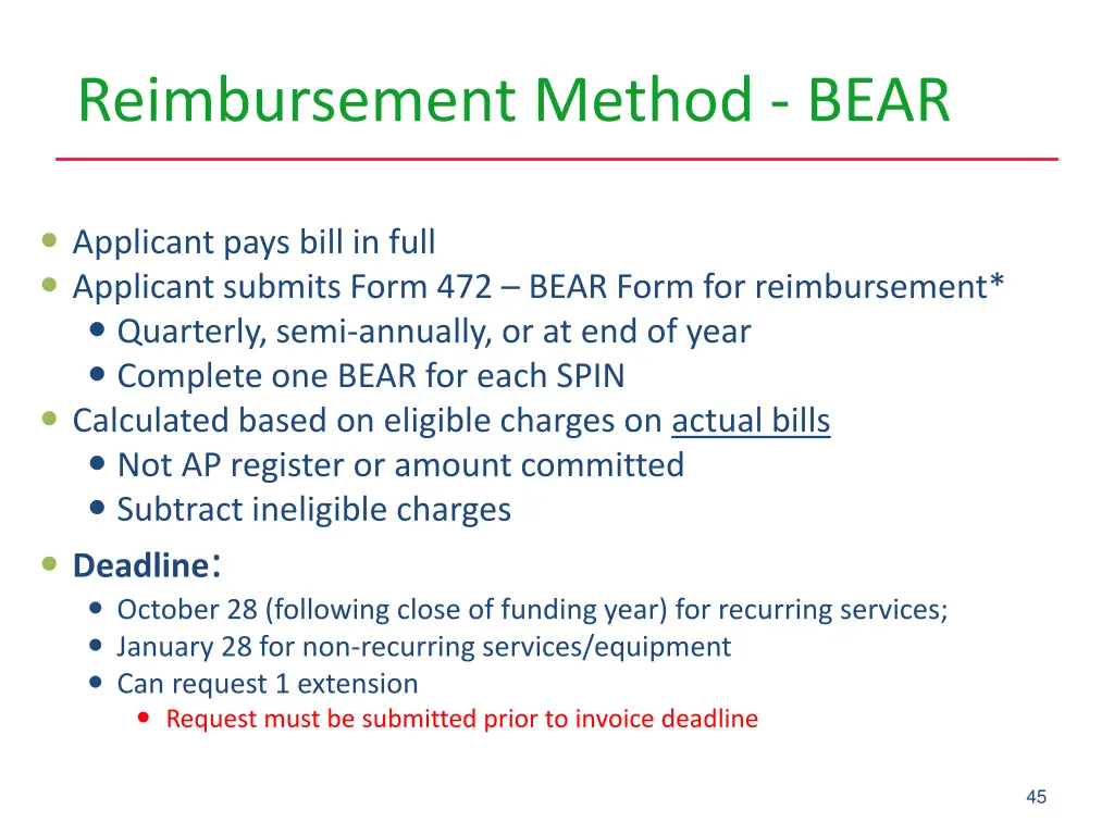 reimbursement method bear
