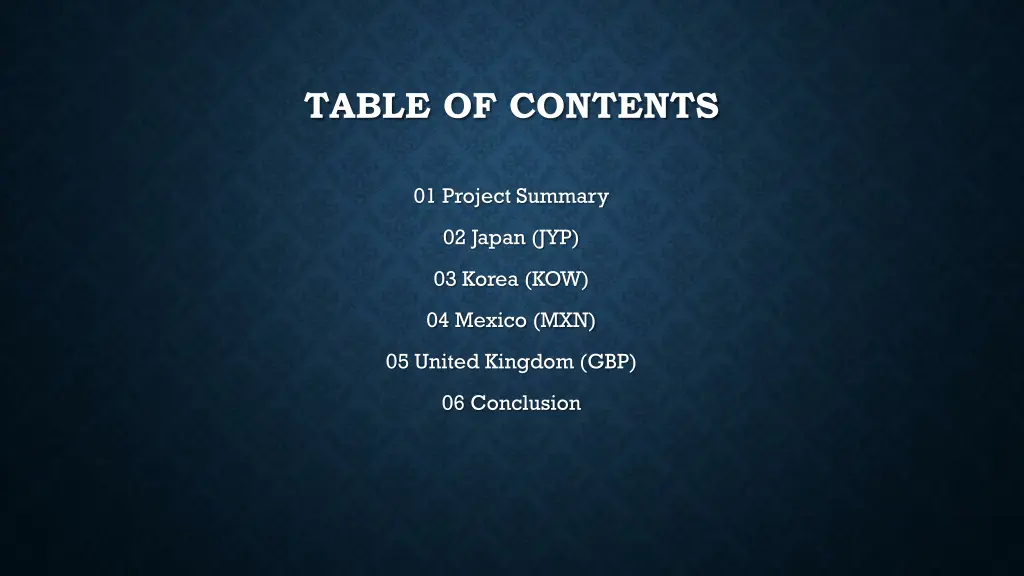 table of contents
