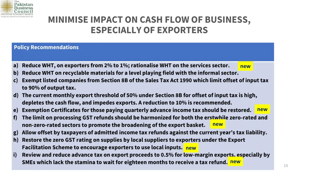 minimise impact on cash flow of business