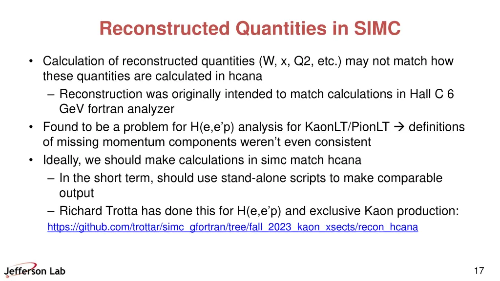 reconstructed quantities in simc