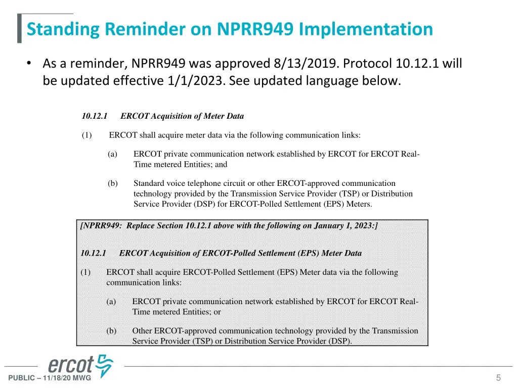 standing reminder on nprr949 implementation