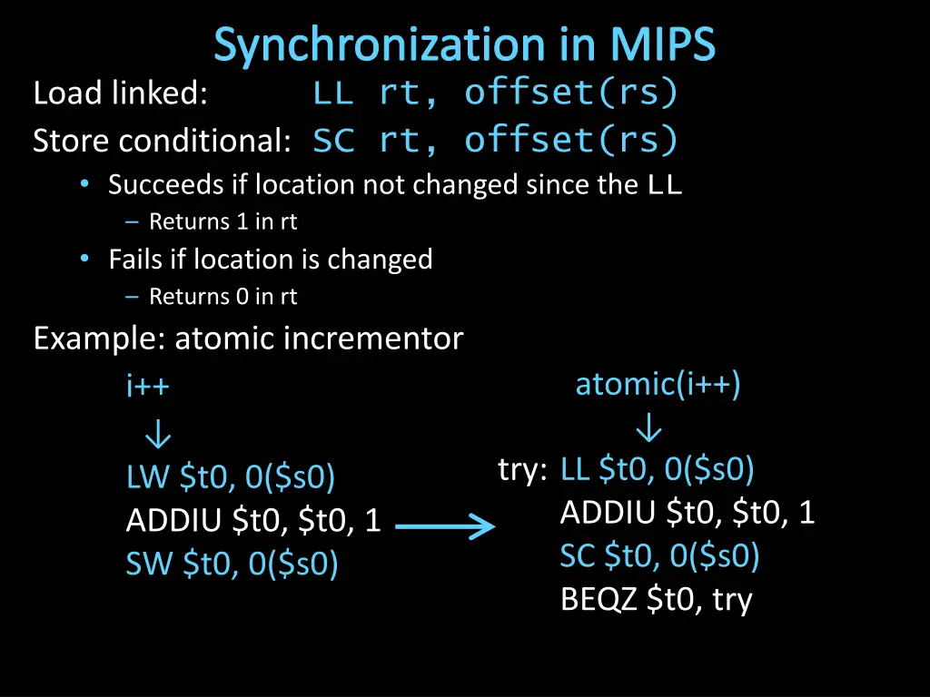 synchronization in mips load linked ll rt offset 1