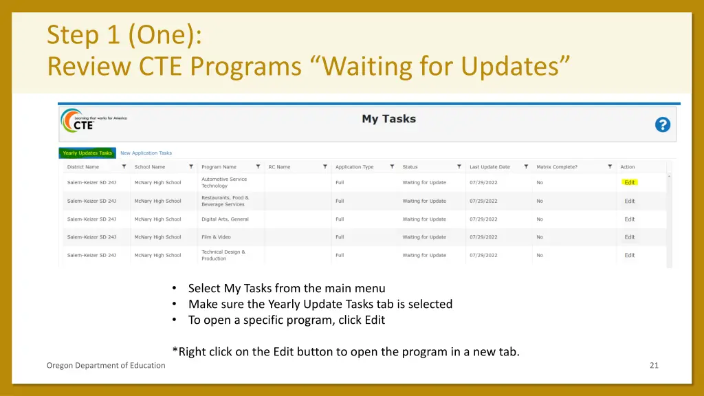 step 1 one review cte programs waiting for updates