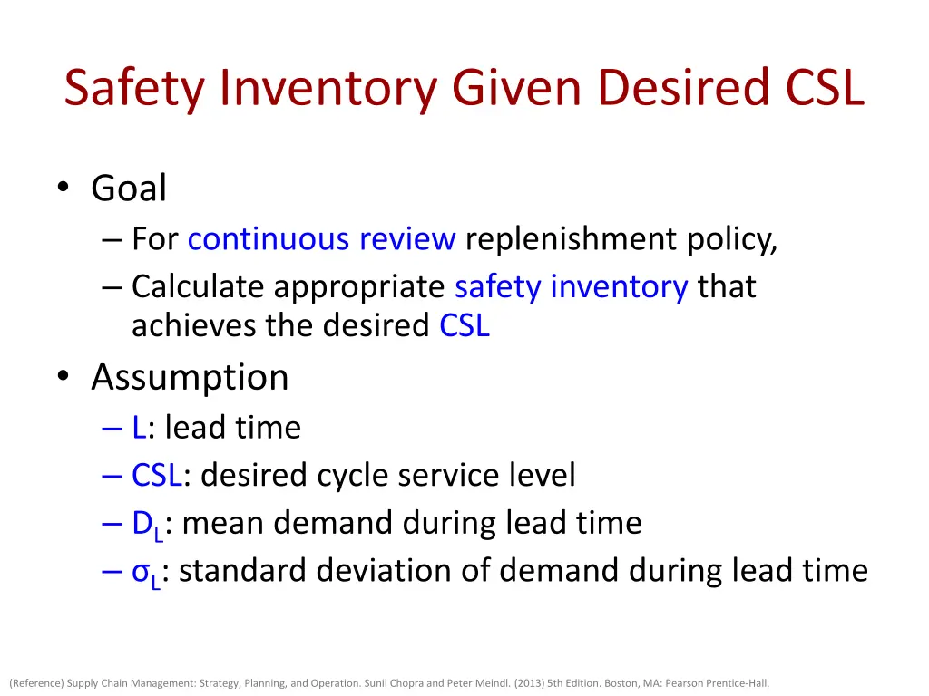safety inventory given desired csl 1