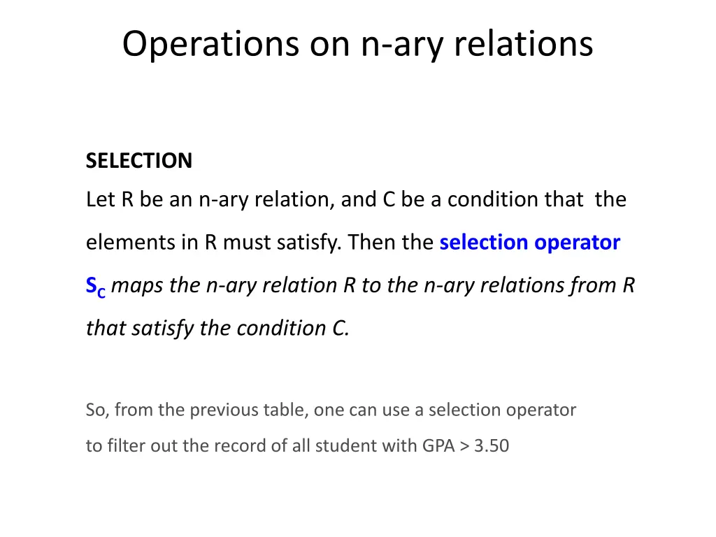 operations on n ary relations