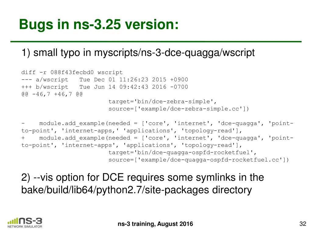 bugs in ns 3 25 version