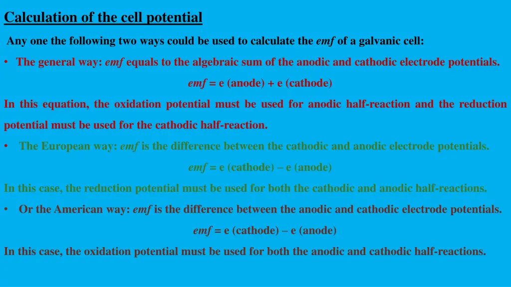 calculation of the cell potential