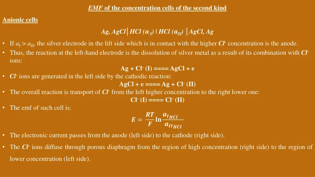 emf of the concentration cells of the second kind
