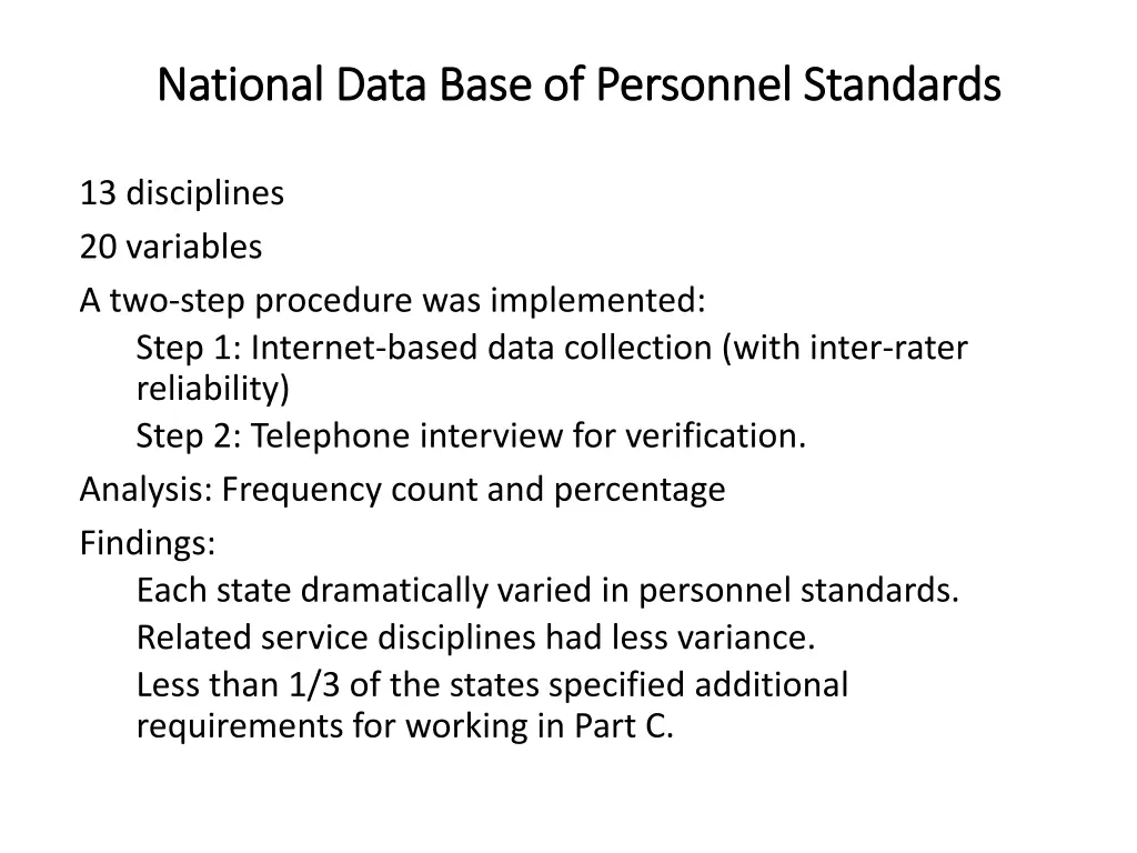 national data base of personnel standards