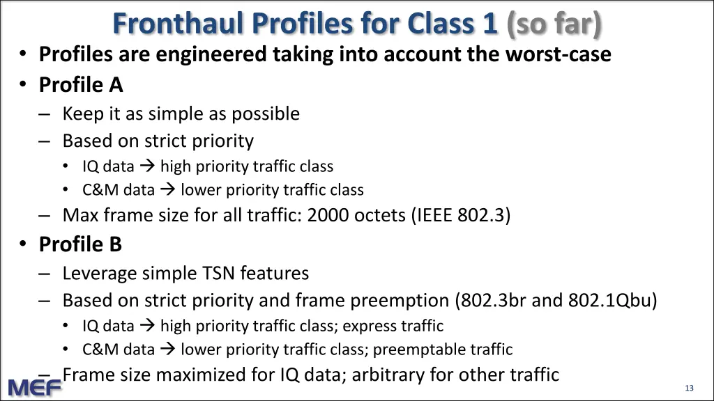 fronthaul profiles for class 1 so far profiles